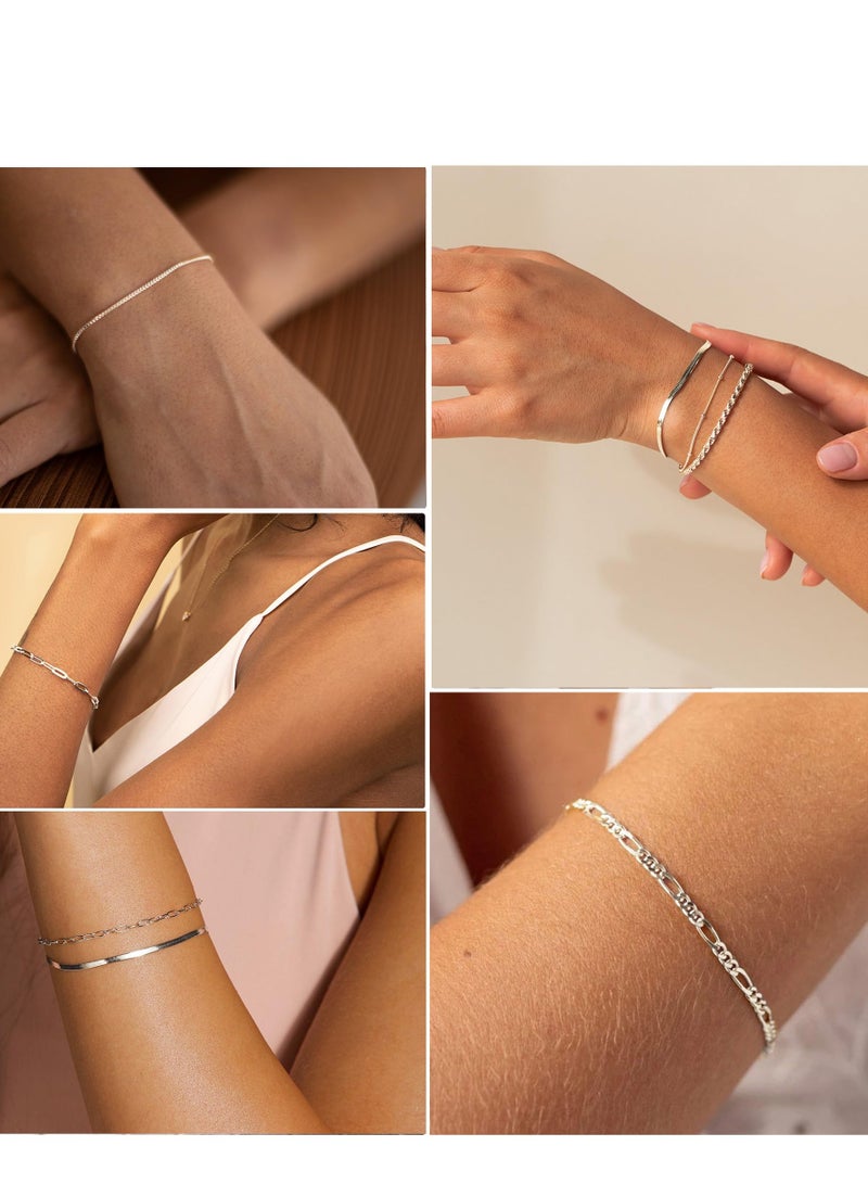 Dainty Silver Bracelets for Women Trendy, 925 Sterling Silver Jewelry Set for Women Bracelets for Women Paperclip Box Herringbone Figaro Rope Chain Bracelet Fashion Pack Gifts for Women Girls - Image 5
