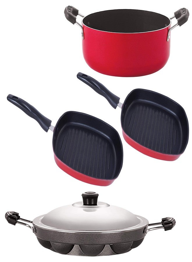 Nirlon Non-Stick Aluminium Cookware Set, 4-Pieces, Red and Black (2.6mm_AP(12)_GP(22.5)_GP(24)_Cass20) - Image 1