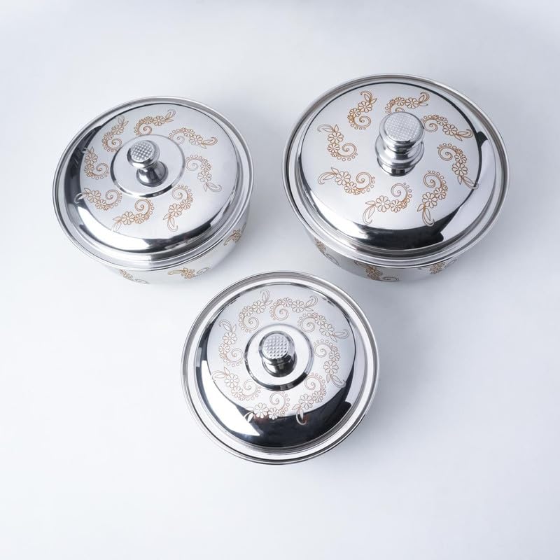 KLIVE Stainless Steel Hot Pot Handi with Lid | 3 Pcs Handi Set | Silver Serving Dishes with Lids | Perfect for Cooking, Baking, Serving | Space Saving Storage (3 Pcs/Small/Medium/Large) - Image 5