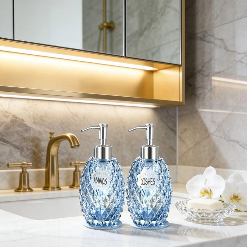 MALACHI Soap Dispenser Set, Crystal-Textured Diamond Glass with Rustproof Stainless Steel Pump, Dual-Labelled Hand & Dish Soap Dispenser for Kitchen & Bathroom - Image 5