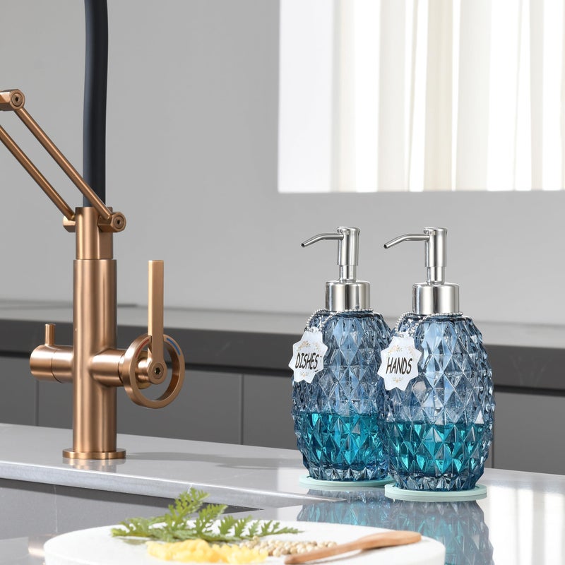 MALACHI Soap Dispenser Set, Crystal-Textured Diamond Glass with Rustproof Stainless Steel Pump, Dual-Labelled Hand & Dish Soap Dispenser for Kitchen & Bathroom - Image 4