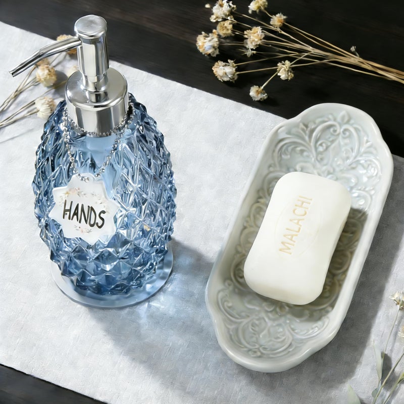 MALACHI Soap Dispenser Set, Crystal-Textured Diamond Glass with Rustproof Stainless Steel Pump, Dual-Labelled Hand & Dish Soap Dispenser for Kitchen & Bathroom - Image 2