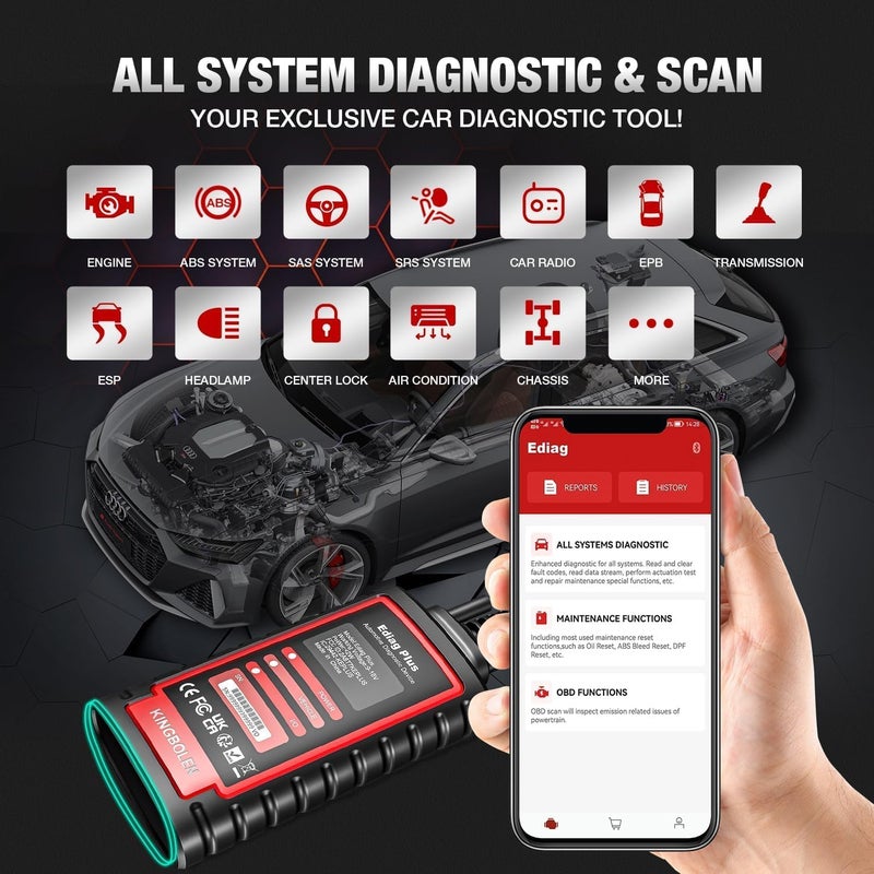 kingbolen ماسح KINGBOLEN Ediag Plus بتقنية البلوتوث - أداة تشخيص OBD2 للتحكم الثنائي الاتجاه في جميع الأنظمة لأجهزة iOS و Android مع ترميز وحدة التحكم و15+ وظيفة خدمة - Image 4