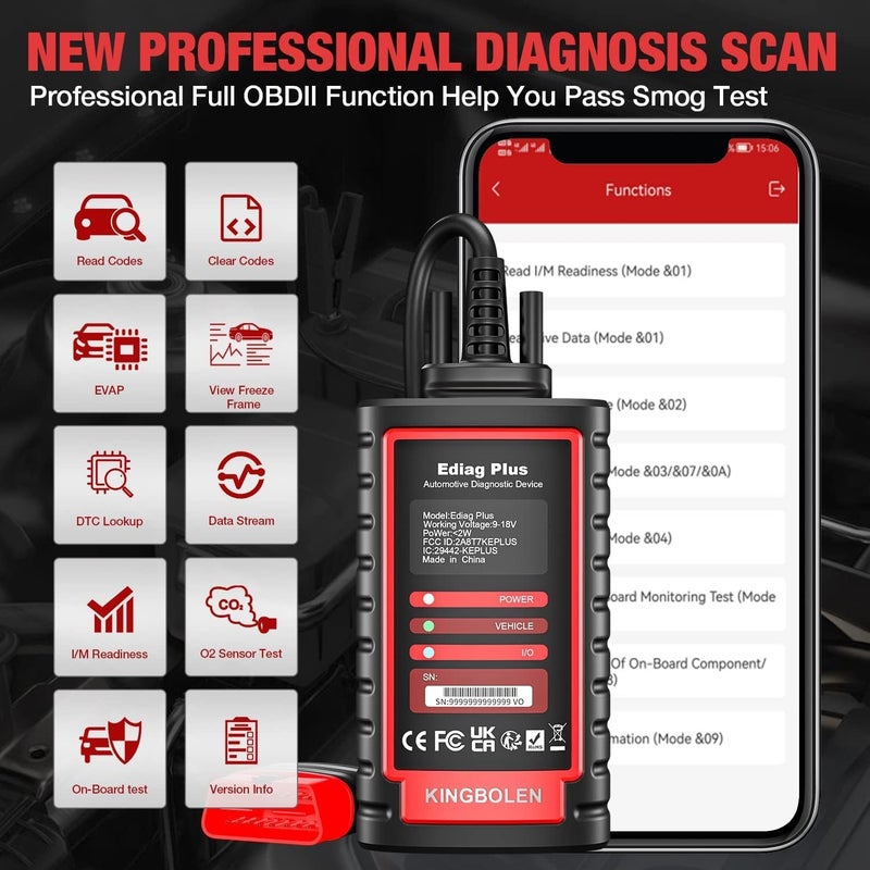 kingbolen ماسح KINGBOLEN Ediag Plus بتقنية البلوتوث - أداة تشخيص OBD2 للتحكم الثنائي الاتجاه في جميع الأنظمة لأجهزة iOS و Android مع ترميز وحدة التحكم و15+ وظيفة خدمة - Image 5