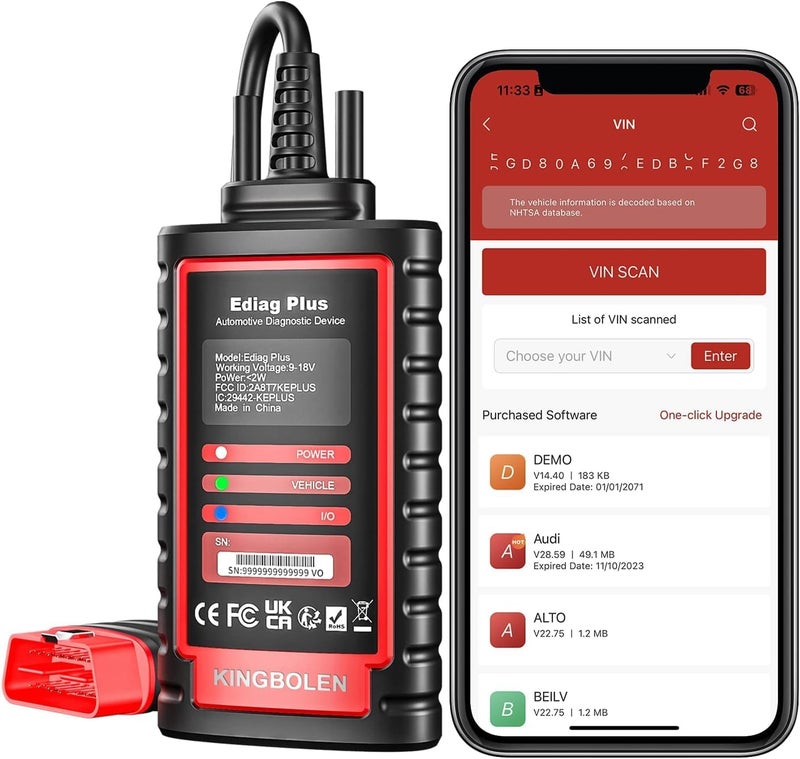 kingbolen ماسح KINGBOLEN Ediag Plus بتقنية البلوتوث - أداة تشخيص OBD2 للتحكم الثنائي الاتجاه في جميع الأنظمة لأجهزة iOS و Android مع ترميز وحدة التحكم و15+ وظيفة خدمة - Image 1