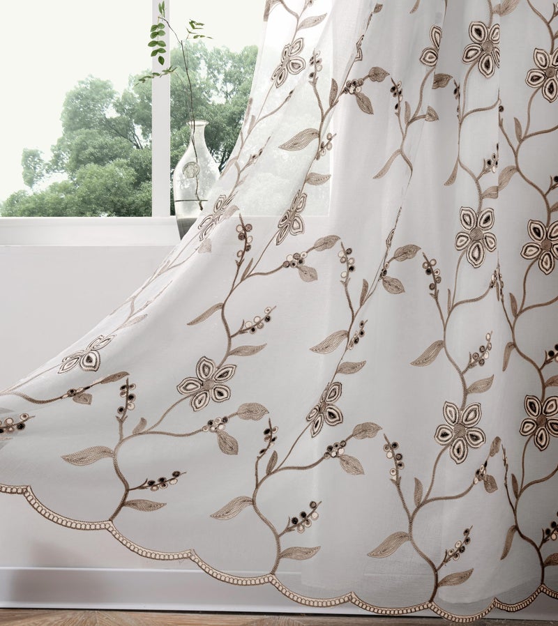 Petrichor Embroidered Sheer Curtain 2 Panels Set - Luxury Window Curtain Attached Valance with Satin Backing and 2 Tie Backs for Living Room,Dining Room, 54x84 inches, Taupe - Image 4