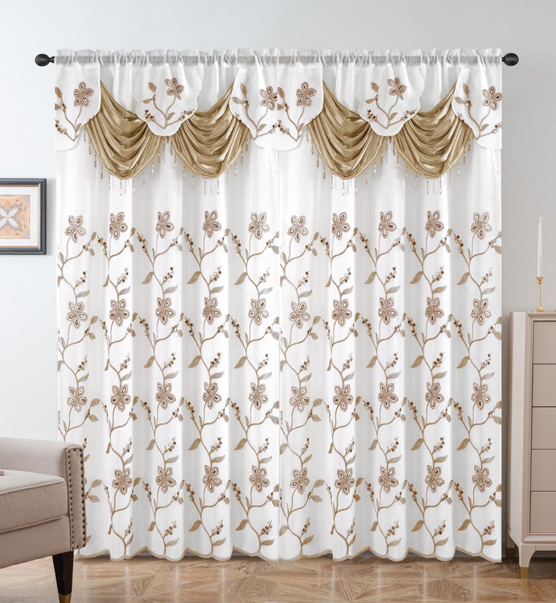 Petrichor Embroidered Sheer Curtain 2 Panels Set - Luxury Window Curtain Attached Valance with Satin Backing and 2 Tie Backs for Living Room,Dining Room, 54x84 inches, Taupe - Image 2