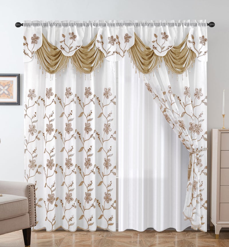 Petrichor Embroidered Sheer Curtain 2 Panels Set - Luxury Window Curtain Attached Valance with Satin Backing and 2 Tie Backs for Living Room,Dining Room, 54x84 inches, Taupe - Image 1