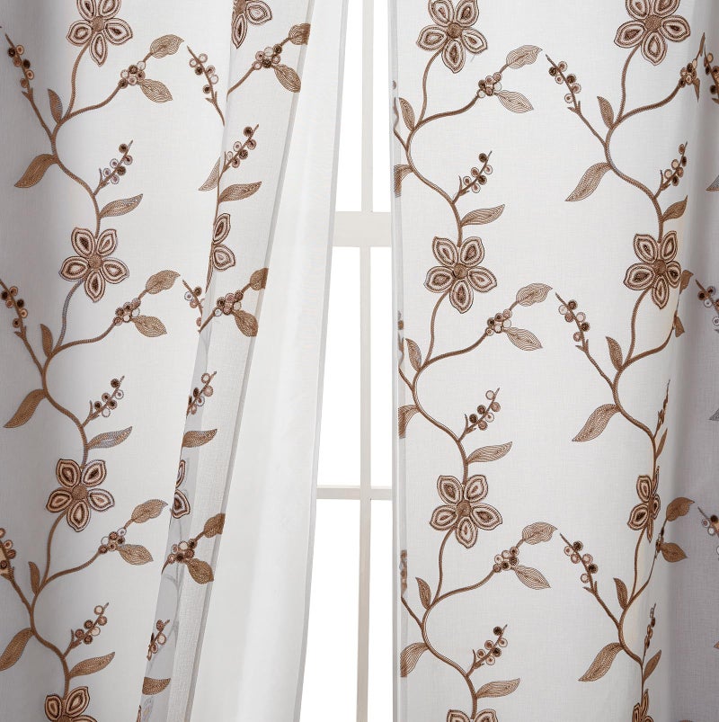 Petrichor Embroidered Sheer Curtain 2 Panels Set - Luxury Window Curtain Attached Valance with Satin Backing and 2 Tie Backs for Living Room,Dining Room, 54x84 inches, Taupe - Image 5