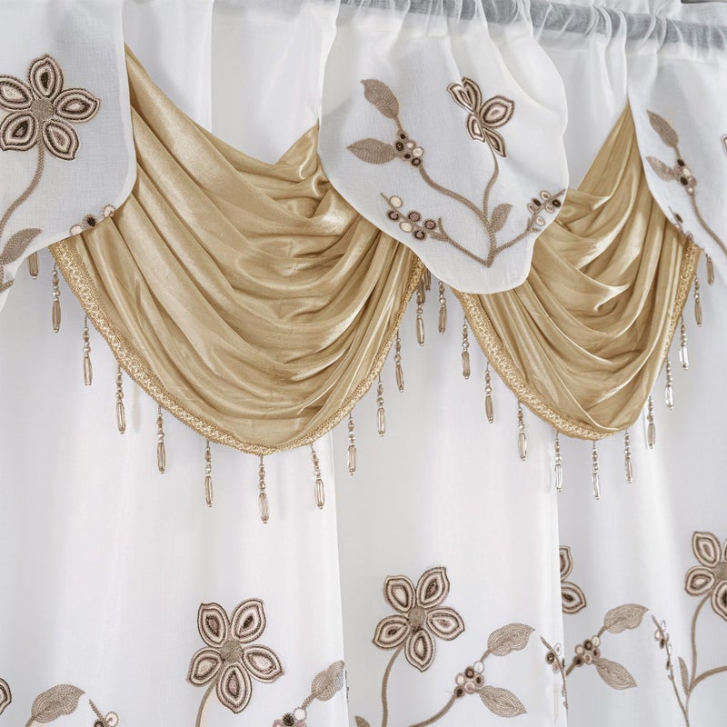 Petrichor Embroidered Sheer Curtain 2 Panels Set - Luxury Window Curtain Attached Valance with Satin Backing and 2 Tie Backs for Living Room,Dining Room, 54x84 inches, Taupe - Image 3