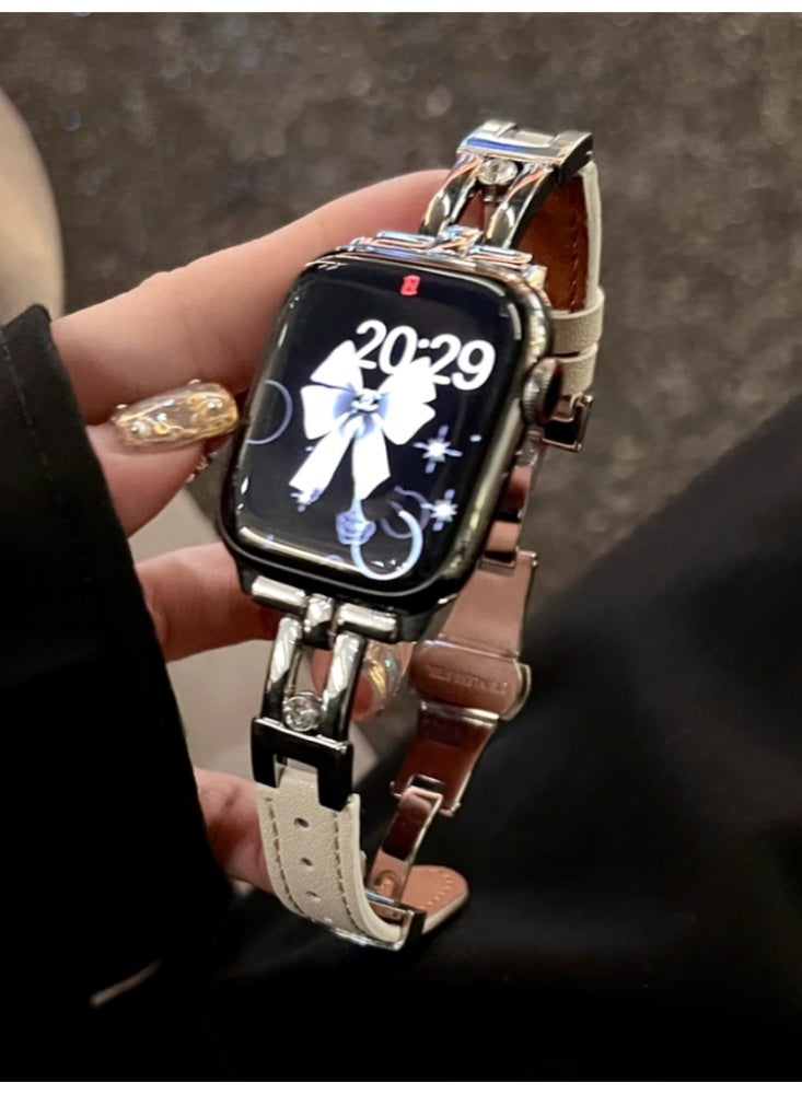 عربست حزام جلدي بإبزيم فراشة لساعة بقطر 41 مم باللون الفضي لأجهزة iWatch من الجيل 7 إلى 9 - Image 2