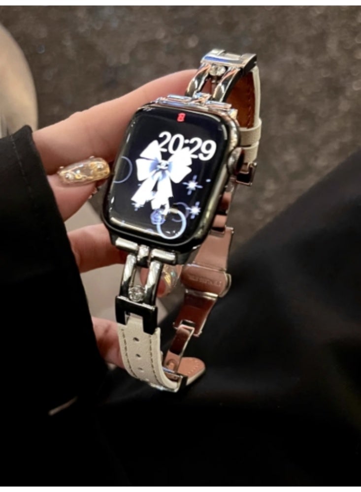 عربست حزام جلدي بإبزيم فراشة لساعة بقطر 41 مم باللون الفضي لأجهزة iWatch من الجيل 7 إلى 9 - Image 1