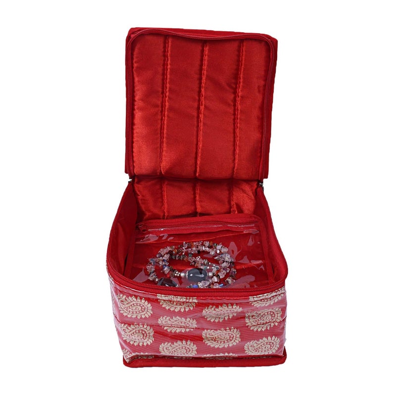 Kuber Industries Kuber Industries Brocade Jewellery kit with Pouch Red Plastic 3 Pieces Small Size Multipurpose Solitaire Storage Basket with Lid MultiSize25x19x105cmCTLTC010898  - Image 4