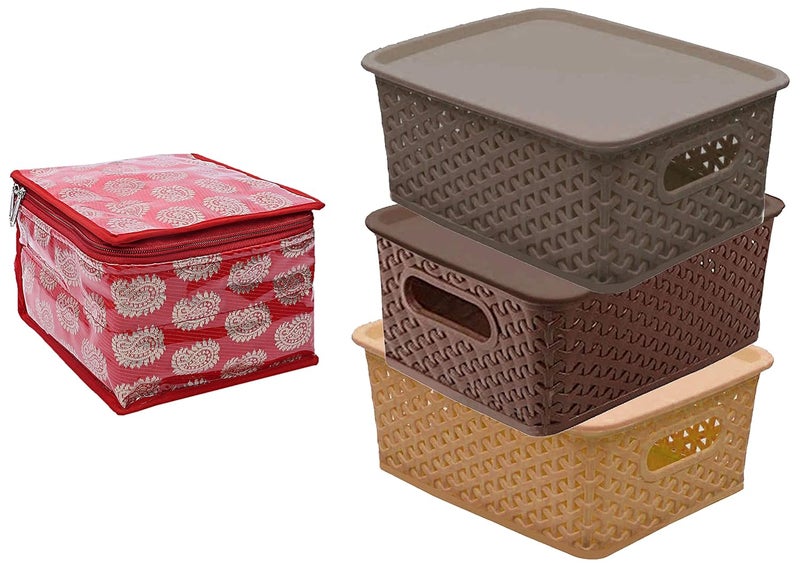 Kuber Industries Kuber Industries Brocade Jewellery kit with Pouch Red Plastic 3 Pieces Small Size Multipurpose Solitaire Storage Basket with Lid MultiSize25x19x105cmCTLTC010898  - Image 1