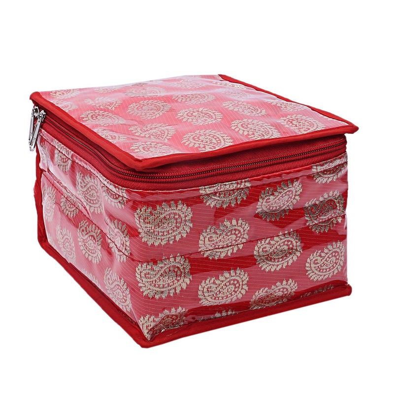 Kuber Industries Kuber Industries Brocade Jewellery kit with Pouch Red Plastic 3 Pieces Small Size Multipurpose Solitaire Storage Basket with Lid MultiSize25x19x105cmCTLTC010898  - Image 2