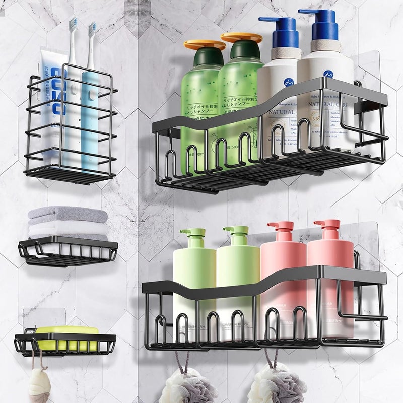 GIUOIDUO Premium Shower Caddy, 5-Pack Adhesive Shower Organizer, No Drill Bathroom Shelves, Rustproof Stainless Steel Shower Shelves for Inside Shower, Shampoo Holder, Shower Storage Rack, Matte Black - Image 1