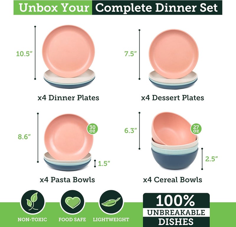 Grow Forward 16-piece Premium Wheat Straw Dinnerware Sets for 4 - Unbreakable Dishwasher & Microwave Safe Plastic Plates and Bowls Sets - Patio, Outdoors, RV, Camping Dishes - Tropical - Image 3