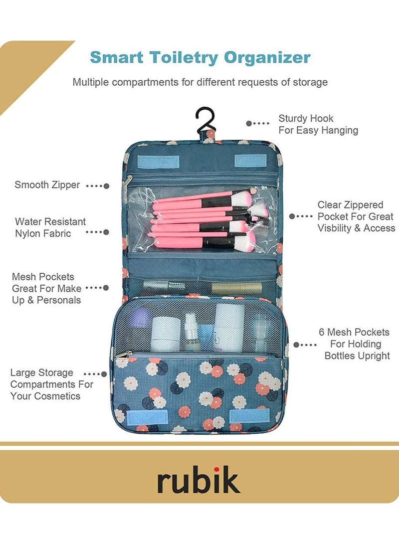 Rubik Portable Travel Makeup Bag, Cosmetic Organizer Make Up Artist Storage For Cosmetics, Makeup Brushes, Toiletry And Travel Accessories- Blue Flower - Image 3