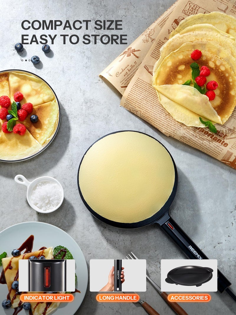 Reemix Electric Crepe Maker, 8 Inch Portable Crepe Maker Machine With Not-Stick Dipping Plate, Automatic Temperature Control, Nonstick Crepe Pan, Black (Black) - Image 5
