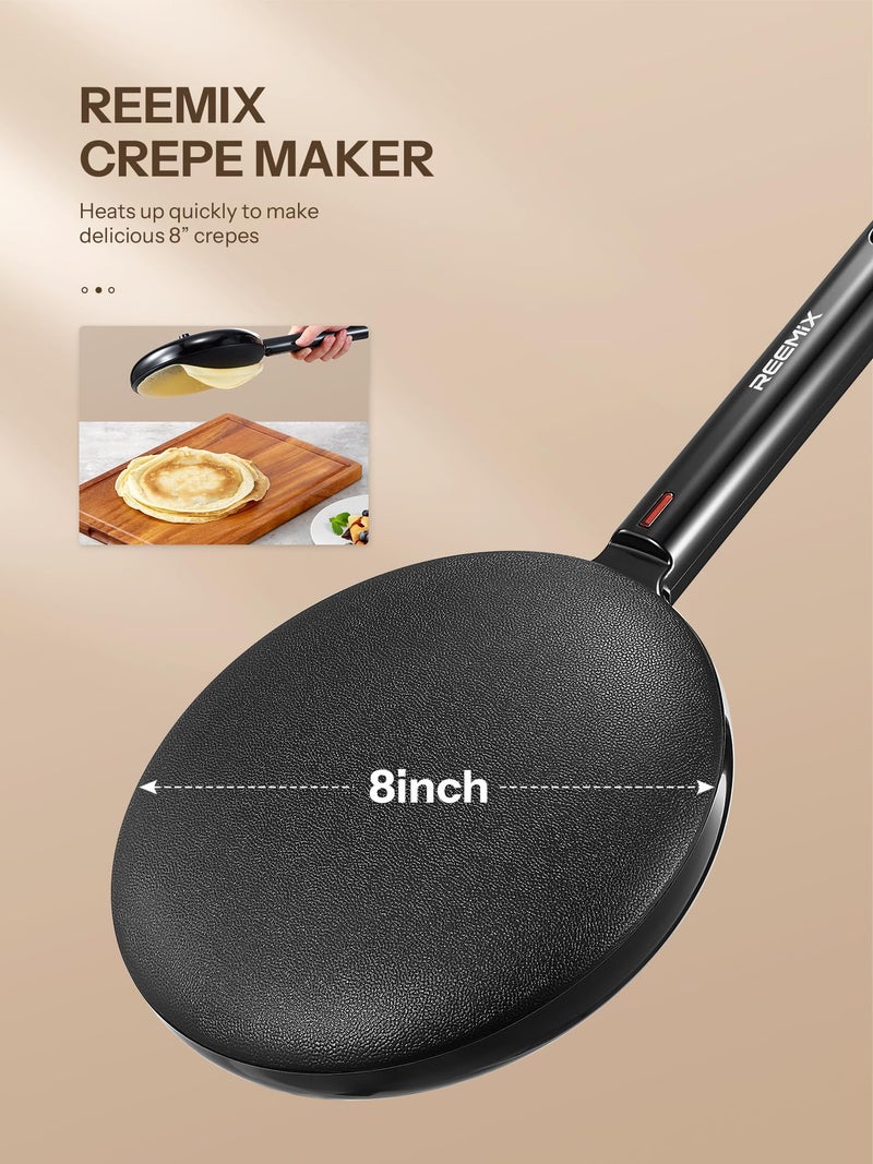 Reemix Electric Crepe Maker, 8 Inch Portable Crepe Maker Machine With Not-Stick Dipping Plate, Automatic Temperature Control, Nonstick Crepe Pan, Black (Black) - Image 2