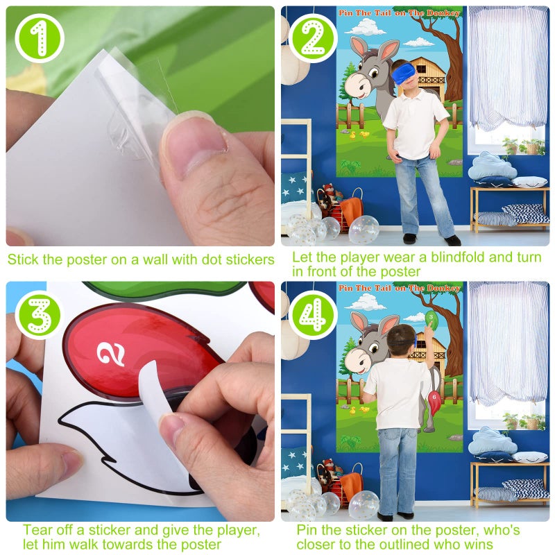 PLULON Pin The Tail on The Donkey Party Game for Kids, Donkey Themed Animal Birthday Party Games Donkey Poster with Tail Stickers for Kids Farm Animal Donkey Party Favors Home Wall Decorations - Image 4