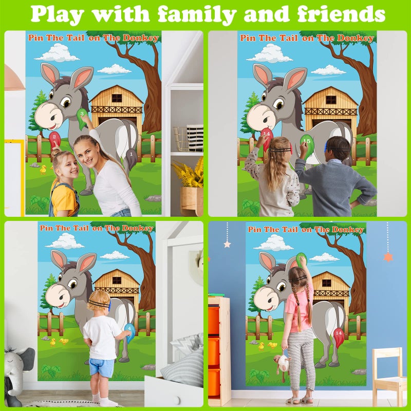 PLULON Pin The Tail on The Donkey Party Game for Kids, Donkey Themed Animal Birthday Party Games Donkey Poster with Tail Stickers for Kids Farm Animal Donkey Party Favors Home Wall Decorations - Image 5