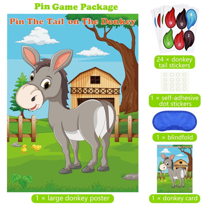 PLULON Pin The Tail on The Donkey Party Game for Kids, Donkey Themed Animal Birthday Party Games Donkey Poster with Tail Stickers for Kids Farm Animal Donkey Party Favors Home Wall Decorations - Image 3