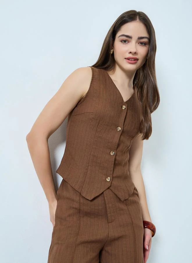 Styli Brown Linen Sleeveless Waistcoat