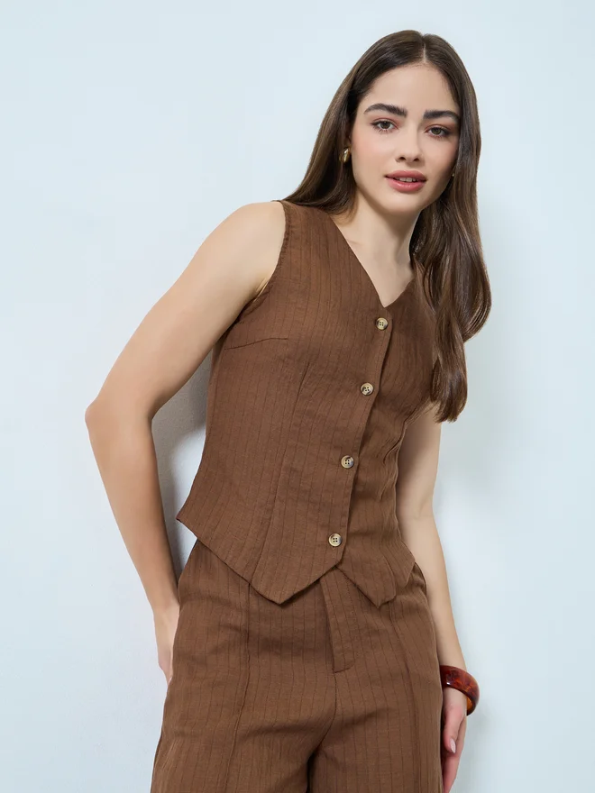 Styli Brown Linen Sleeveless Waistcoat