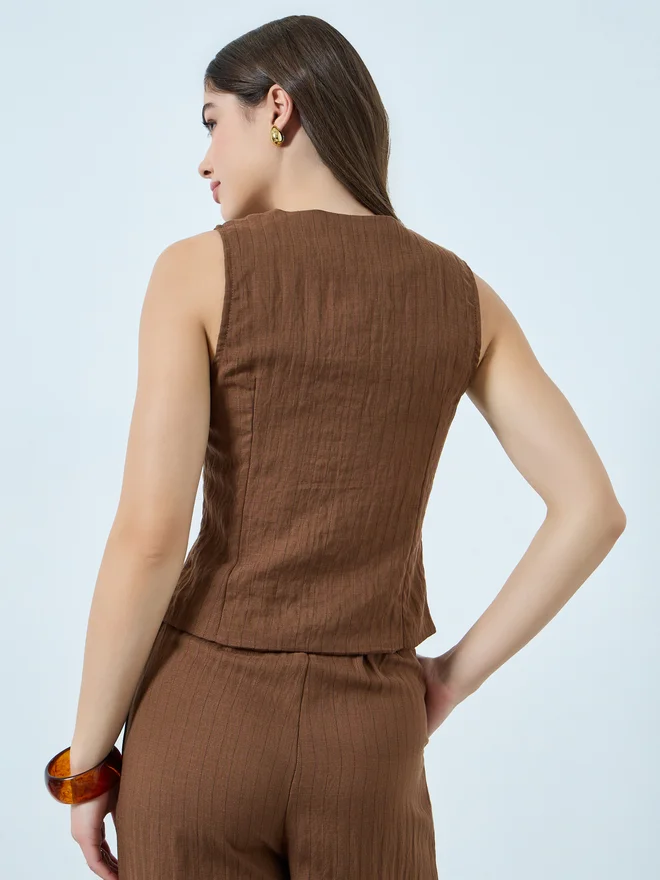Styli Brown Brown Linen Sleeveless Waistcoat for Women | Best Price UAE