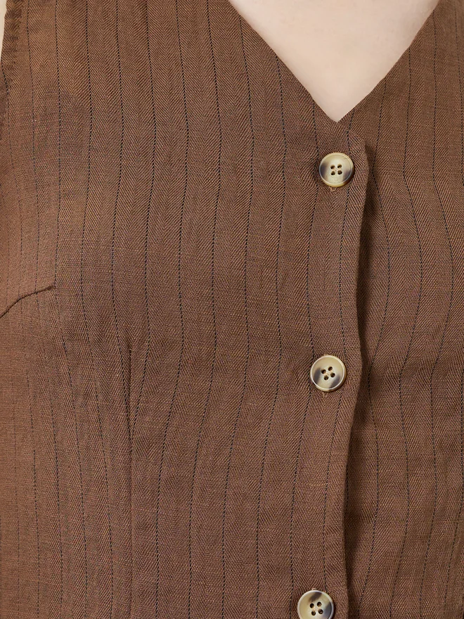 Styli Brown Brown Linen Sleeveless Waistcoat for Women | Best Price UAE