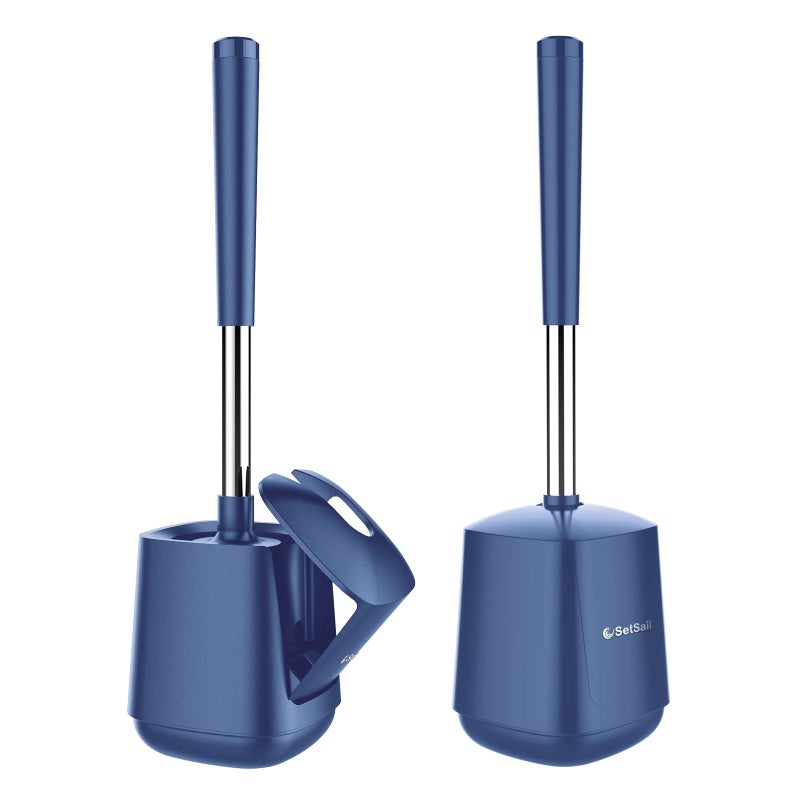 سيتسيل فرشاة تنظيف المرحاض وحاملها من SetSail، غطاء ذاتي الإغلاق، حامل فرشاة المرحاض، مقبض طويل جدًا، مجموعة فرشاة مرحاض جيدة التهوية لتنظيف الحمام، شعيرات نايلون، عبوتان - داكن وأزرق - Image 1