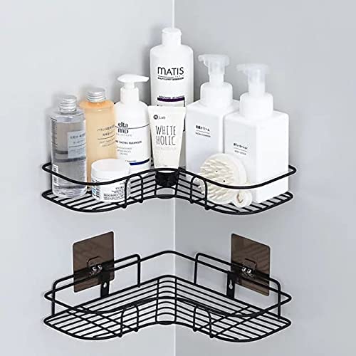 TECHNOVIBES Self-Adhesive Heavy Duty Metal Bathroom Storage Corner Rack, Shelf Organizer, Shampoo Holder for Bathroom Without Drill,Black,(Size:- 27cmX27cmX6) (Pack of 1) - Image 1