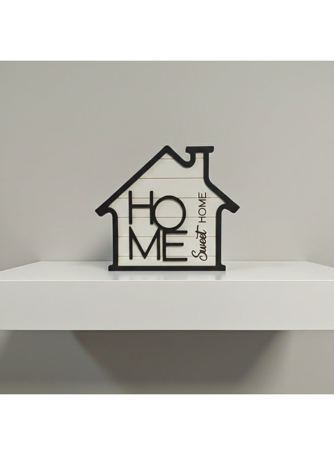 ديكور منزل على شكل بيت صغير مجسم بعبارة Home Sweet Home , مجسمات منزلية للزينة، مصنوعة من الخشب, بسمك 8 ملم بالون الابيض و الاسود, قطع ديكور للارفف تكمل ديكور منزلك وتضيف عليه الجمال و الاناقة - Image 1
