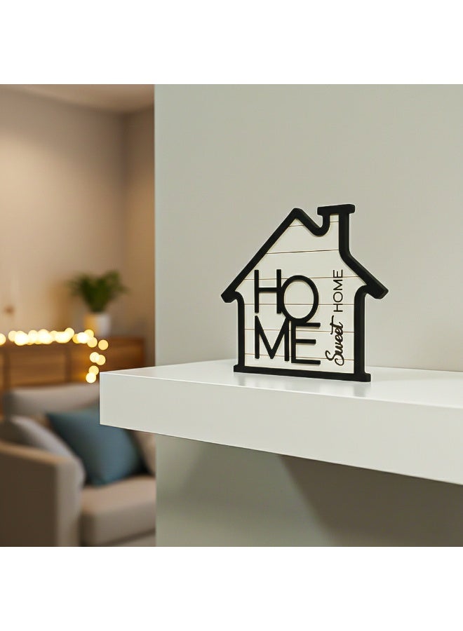 ديكور منزل على شكل بيت صغير مجسم بعبارة Home Sweet Home , مجسمات منزلية للزينة، مصنوعة من الخشب, بسمك 8 ملم بالون الابيض و الاسود, قطع ديكور للارفف تكمل ديكور منزلك وتضيف عليه الجمال و الاناقة - Image 2