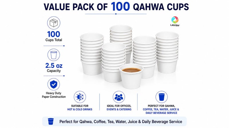 Lavish Heavy Duty White Paper Cups, 2.5Oz, Pack of 100, Disposable Coffee, Tea & Qahwa Cups, Leak-Resistant Beverage Cups for Hot & Cold Drinks, Ideal for Home, Office, Parties, Catering & Takeaway - Image 2