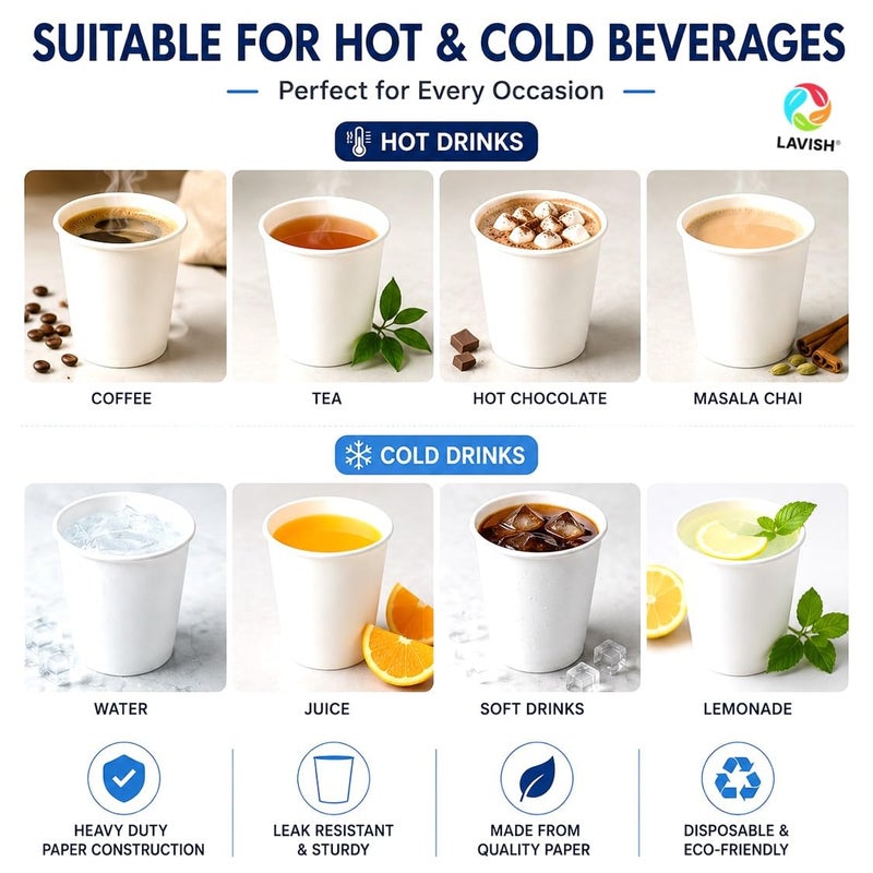 Lavish Heavy Duty White Paper Cups, 2.5Oz, Pack of 100, Disposable Coffee, Tea & Qahwa Cups, Leak-Resistant Beverage Cups for Hot & Cold Drinks, Ideal for Home, Office, Parties, Catering & Takeaway - Image 3