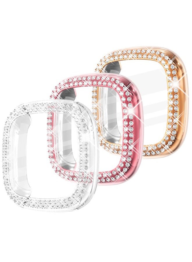 FULLIFE 3-Pack TPU Bumper for Fitbit Versa 4 Screen Protector, Crystal Diamond Bling Case HD Full Protective Cover for Men Women, Fitbit Versa 4/Fitbit Sense 2 Smartwatch, Rose Gold/Pink/Clear - Image 1