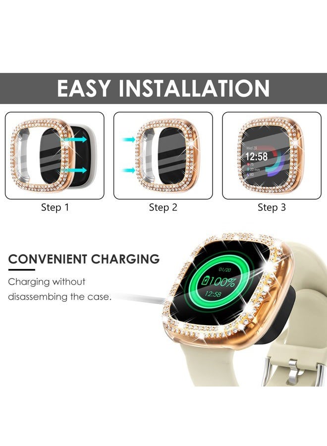 FULLIFE 3-Pack TPU Bumper for Fitbit Versa 4 Screen Protector, Crystal Diamond Bling Case HD Full Protective Cover for Men Women, Fitbit Versa 4/Fitbit Sense 2 Smartwatch, Rose Gold/Pink/Clear - Image 2
