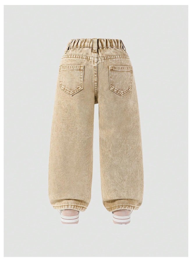 WDIRARA Toddler Girl's 3D Floral Jeans Cute Wide Leg Baggy Denim Pants Khaki 4Y - Image 2