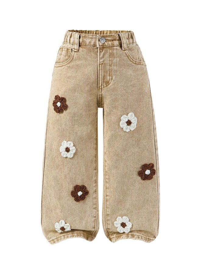 WDIRARA Toddler Girl's 3D Floral Jeans Cute Wide Leg Baggy Denim Pants Khaki 4Y - Image 1