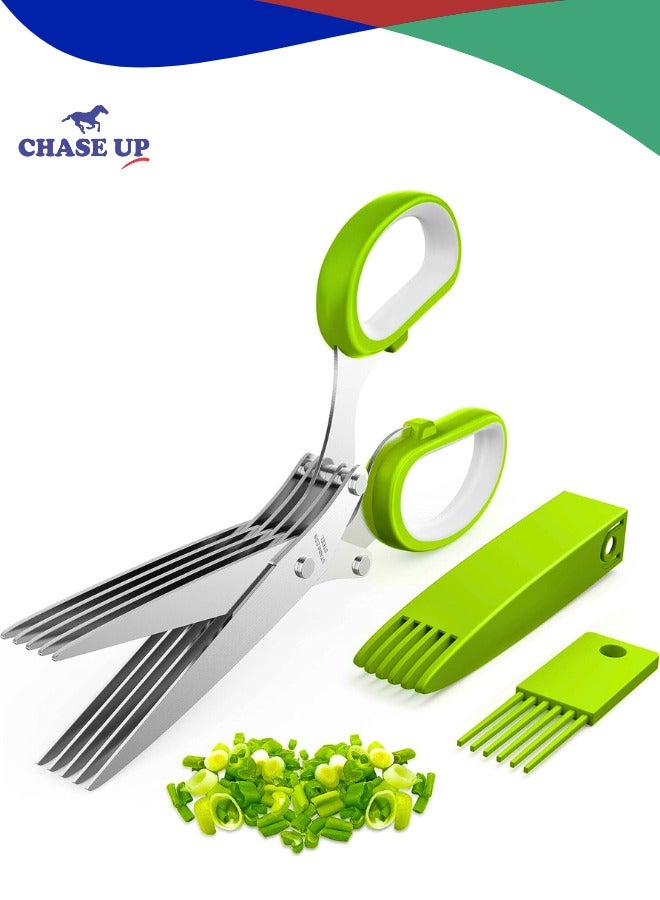 تشيس اب طقم مقصات أعشاب مع 5 شفرات متعددة من الفولاذ المقاوم للصدأ، وغطاء آمن ومشط تنظيف، ومقص تقطيع متعدد الأغراض للمطبخ، ومفرمة، وأداة مطبخ حادة آمنة للغسل في غسالة الأطباق، وقاطع ومفرمة للطهي - Image 1