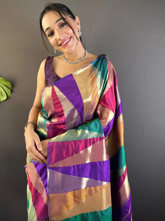 SGF11 Women's Kanjivaram Pure Soft Silk Saree With Unstitched Blouse Piece (Multi Colour) - Image 3