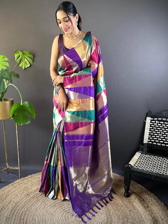 SGF11 Women's Kanjivaram Pure Soft Silk Saree With Unstitched Blouse Piece (Multi Colour) - Image 2