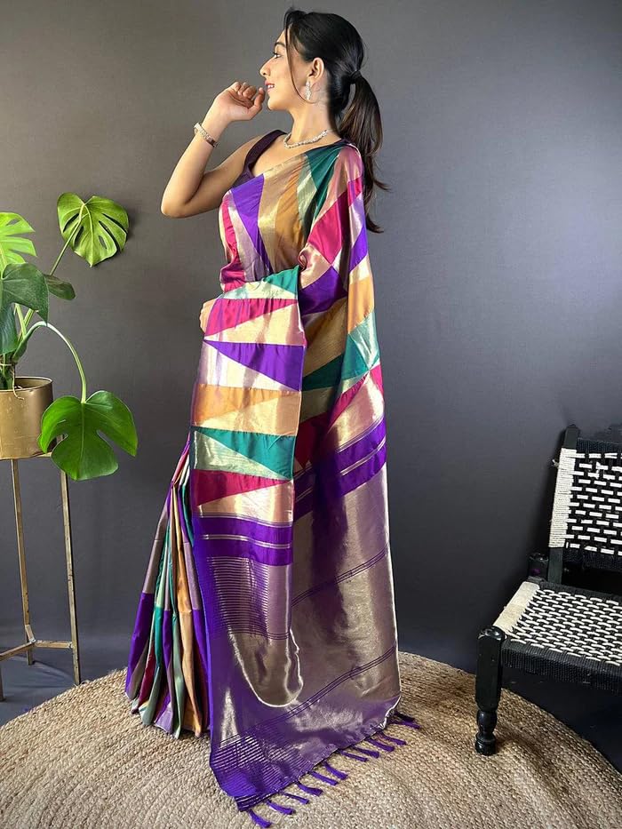 SGF11 Women's Kanjivaram Pure Soft Silk Saree With Unstitched Blouse Piece (Multi Colour) - Image 4