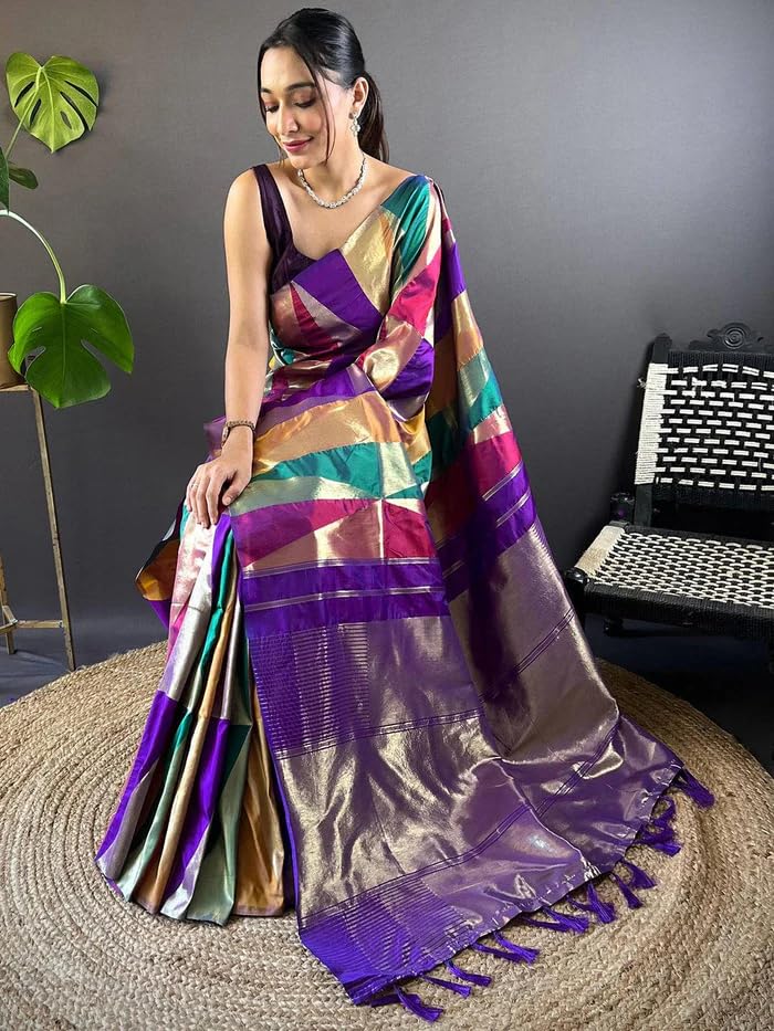 SGF11 Women's Kanjivaram Pure Soft Silk Saree With Unstitched Blouse Piece (Multi Colour) - Image 5
