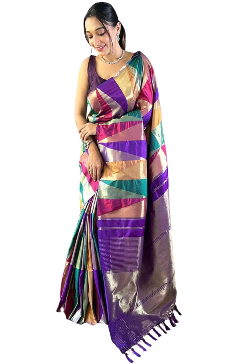SGF11 Women's Kanjivaram Pure Soft Silk Saree With Unstitched Blouse Piece (Multi Colour) - Image 1