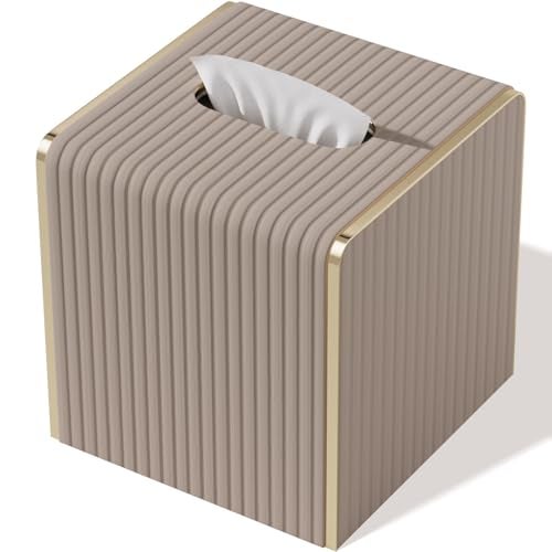 LADSTAG Tissue Box Cover,Beige Cube Leather Tissue Box Holders with Gold-Tone Edging Accents,Decorative Tissue Covers for Bathroom Toilet Bedroom Living Room Table Desk Office Car,Decor Aesthetic - Image 1