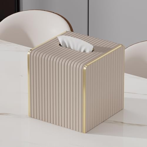 LADSTAG Tissue Box Cover,Beige Cube Leather Tissue Box Holders with Gold-Tone Edging Accents,Decorative Tissue Covers for Bathroom Toilet Bedroom Living Room Table Desk Office Car,Decor Aesthetic - Image 4