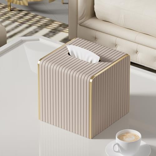LADSTAG Tissue Box Cover,Beige Cube Leather Tissue Box Holders with Gold-Tone Edging Accents,Decorative Tissue Covers for Bathroom Toilet Bedroom Living Room Table Desk Office Car,Decor Aesthetic - Image 5